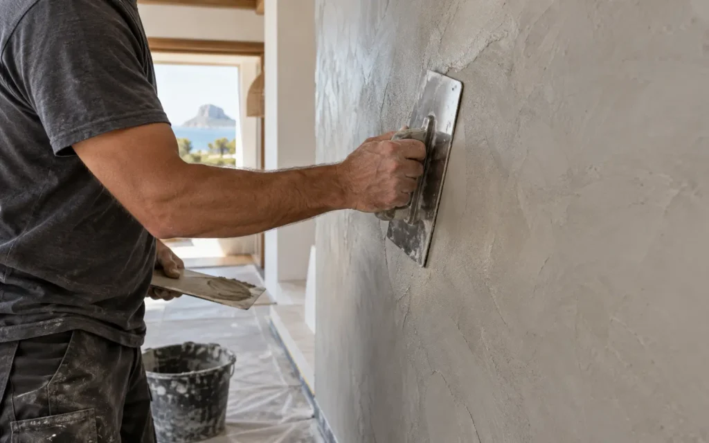 Profesional aplicando microcemento Mortex con llana