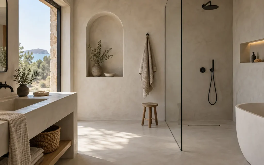 Baño de estilo ibicenco acabado en microcemento Mortex