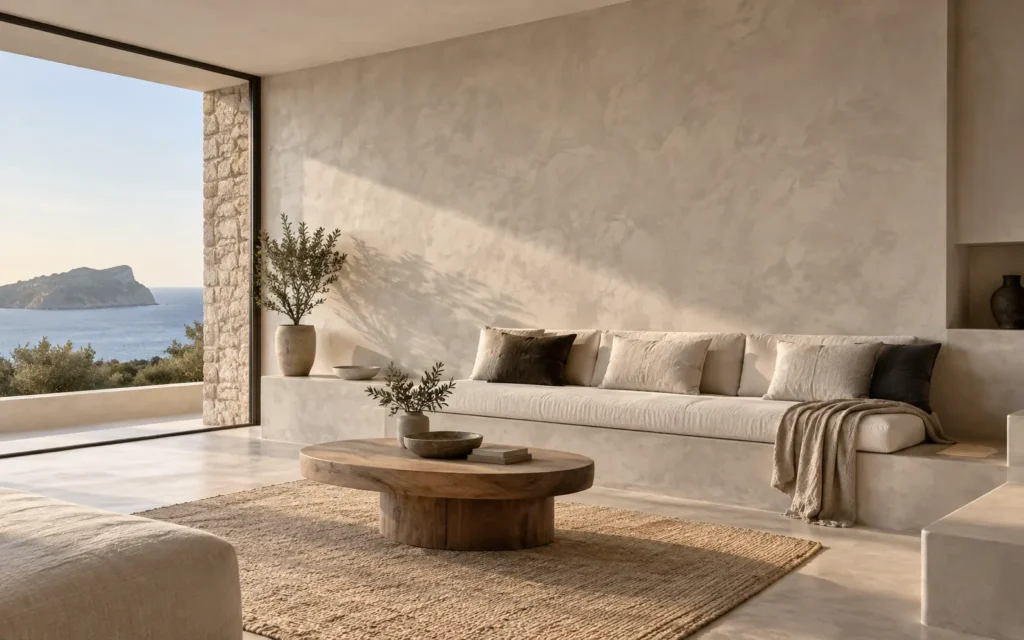 Salón ibicenco con paredes de microcemento Mortex